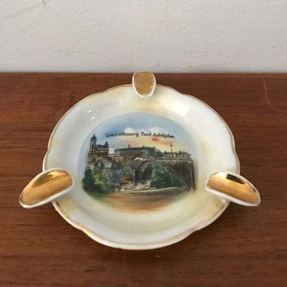 Vintage Luxembourg Pont Adolphe Bridge Gold Plated Porcelain Cigarette Ashtray - Picture 2 of 5